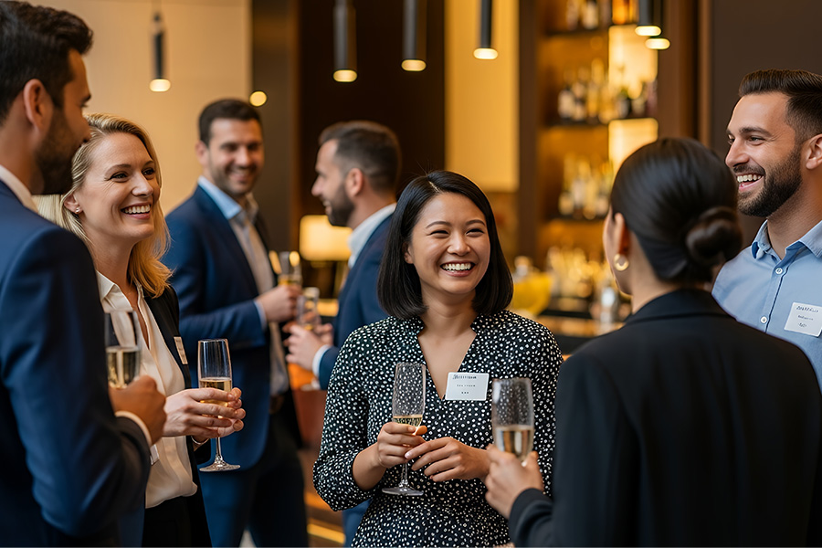 mixed group of business professionals socializing with drinks at a TDWI event